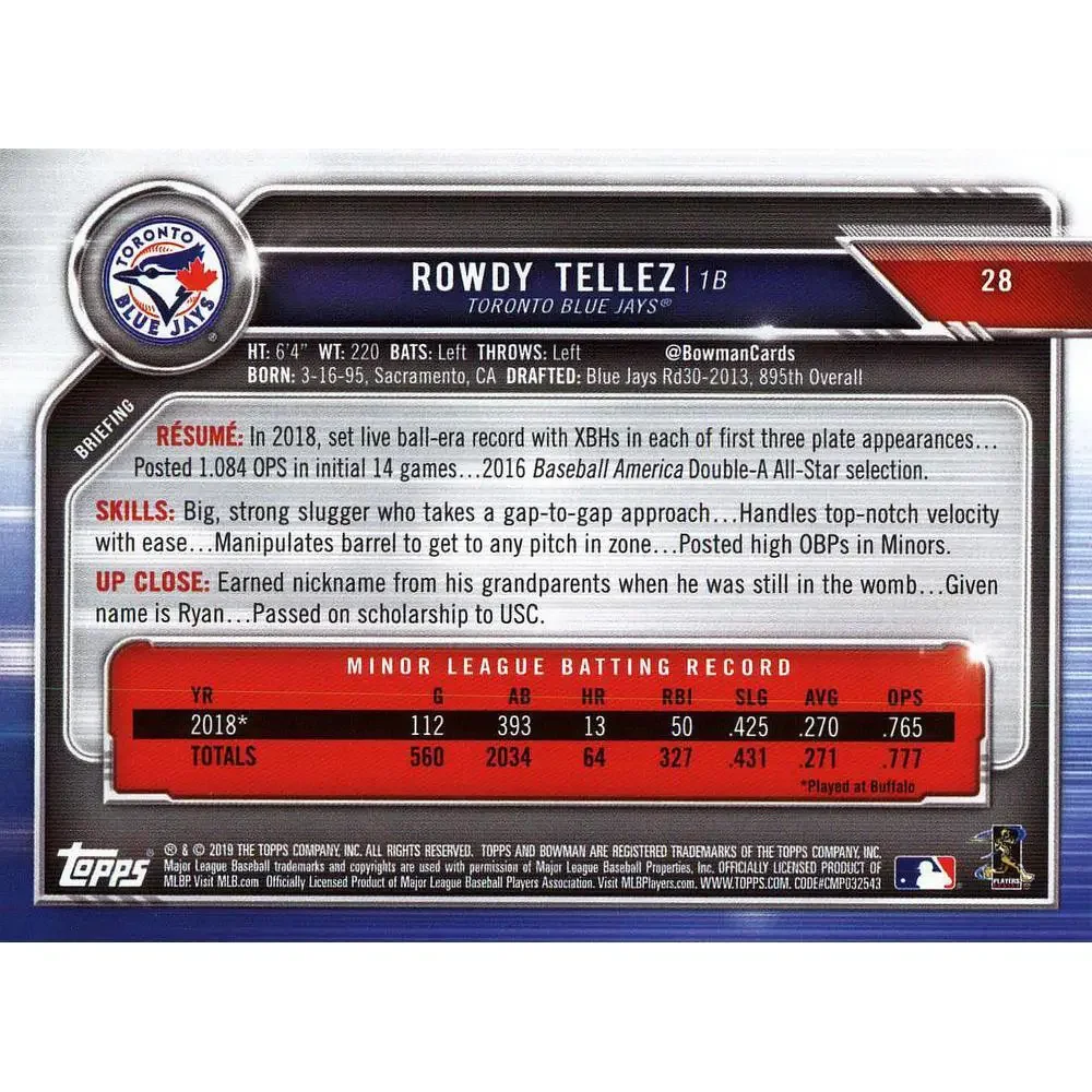 2019 Bowman Rowdy Tellez RC #28 Toronto Blue Jays